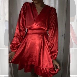 AX PARIS Red Satin Long Sleeve Dress - Size 8/10